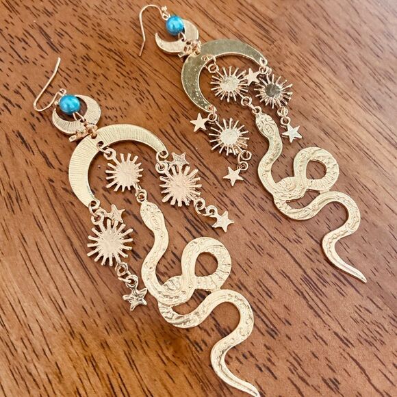 Mystical Serpent & Cosmic Gold Charm Earrings Witchy Bohemian Goddess Jewelry - Picture 8 of 8